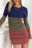 Lace Splicing Color Block Drawstring Ruched Bodycon Dress