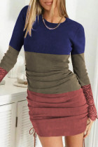 Lace Splicing Color Block Drawstring Ruched Bodycon Dress