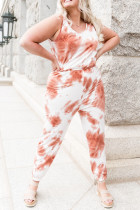 Red Tie Dye Print Sleeveless Crew Neck Plus Size Jumpsuit