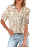 Yellow Floral Print Smocked Ruffled V Neck T-shirt