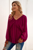 Swiss Dot Lace-up V Neck Long Sleeve Top