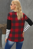Red Plaid Splicing Striped Color Block Long Sleeve Top