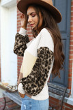 Apricot Wild Leopard Contrast Sleeve Colorblock Waffle Knit Top