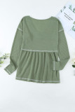 Green V Neck Long Sleeve Colorblock Waffle Babydoll Top