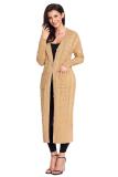 Khaki Cable Knit Open Front Long Cardigan