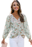 Green Floral Print V Neck Long Puff Sleeve Top