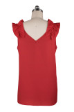 Red Solid V Neck Ruffled Shoulder Tank Top