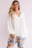 White V Neck Lantern Sleeve Swiss Dot Plus Size Blouse