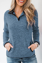 Blue Heathered Turn-down Collar Pullover Sweatshirt