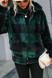 Green Plaid Stand Collar Open Zipper Pockets Fluffy Coat