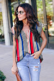 Multicolor V Neck Stripes Roll up Short Sleeve Zip Up Blouse