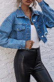 Blue Open Front Button Pocket Short Length Denim Jackets