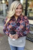 Aztec Print Colorblock 1/4 Zip Kangaroo Pocket Plus Size Hoodie