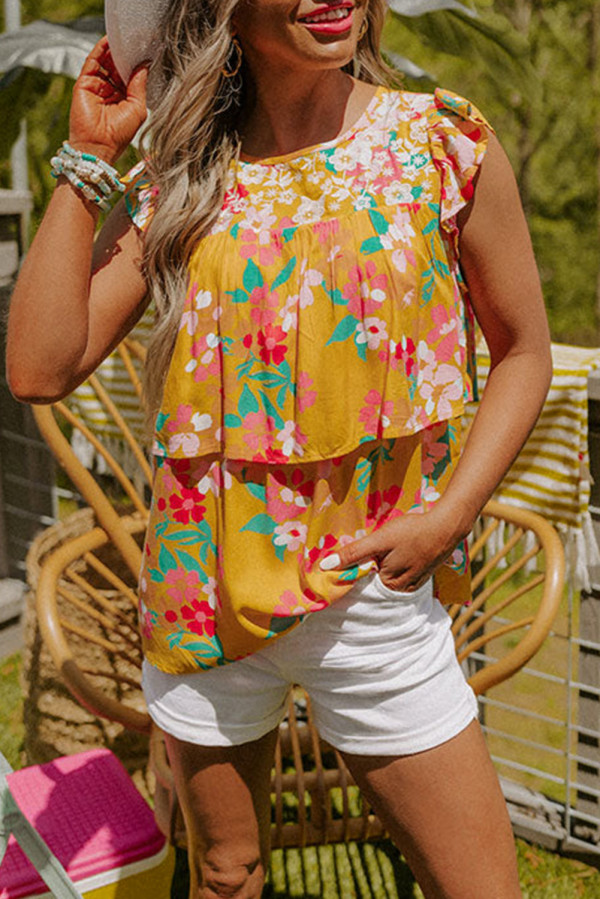 Yellow Floral Print Ruffle Cap Sleeve Keyhole Back Blouse