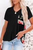 Black Women's Casual Floral Printed Splicing Pullover Pocket T-shirt