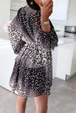 Black Leopard Buttoned Tie Waist Ruffle Puff Sleeve Mini Dress