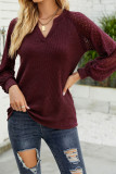 Lace Crochet Sleeves V Neck Waffle Knit Top