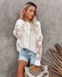 White Crochet Lace Pointelle Knit Sweater