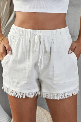 White Casual Pocketed Frayed Denim Shorts