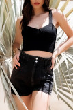 Cuffed Seam High Waist Denim Shorts