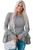 Gray Double Bell Sleeves Stripe Top