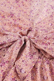 Pink Floral Print Tie Knot Ruffled Short Sleeve Mini Dress