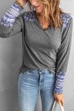 Gray Aztec Patch Button V Neck Blouse
