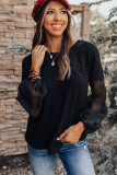 Polka Dot Mesh Sleeve Waffle Knit Top