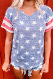 Blue Striped Sleeve Stars Print V Neck Tee