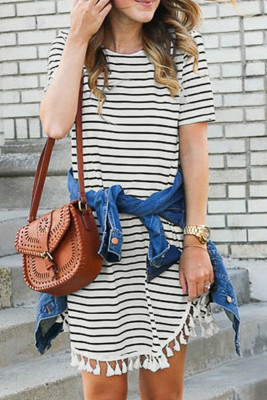 Crew Neck Striped T-shirt Mini Dress with Tassel