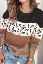 Leopard Print Color Block Long Sleeves Sweater UNISHE Wholesale