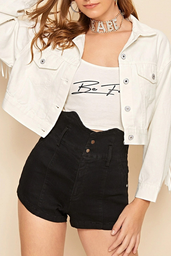 White Button Up Tassle Short Denim Jacket Coat
