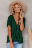 Green Short Sleeves Drape Knit Top