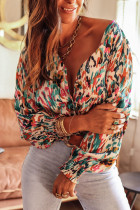 Multicolor V Neck Abstract Print Long Sleeve Shirt