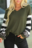 Green V Neck Leopard Stripe Splice Lantern Sleeve Top