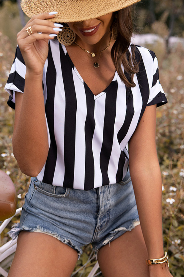 Stripes Print V Neck Blouse Unishe Wholesale