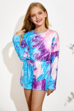 Purple Long Sleeve Elastic Waist Tie-dye Girl's Romper