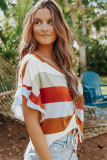 Multicolor Stripe V-Neck Ruffle Sleeve Ruched Top