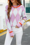 Color Block Diamond Plaid Knit Pullover Sweaters