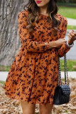 Orange Floral Print O-neck Long Sleeve Mini Dress