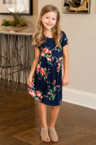 Blue Short Sleeve Pocketed Children's Floral Dress