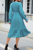 V Neck Smocked Swiss Dot Ruffles Midi Dress