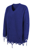 Ripped Raw Edge V Neck Plain Knit Sweaters