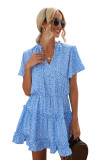 Blue Dotted Print Split Neck Flutter Sleeve Flowy Tunic Mini Dress