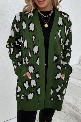 Leopard Knit Pocketed Open Front Sweater Cardigans