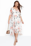 White Plus Size Crewneck Half Sleeve Floral Midi Dress