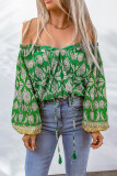 Green Floral Print Tassel Tie Off Shoulder Blouse
