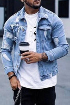 Sky Blue Distressed Buttoned Men's Denim Jackets