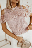 Pink Lace Cold Shoulder Short Sleeve Top
