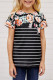 Black Round Neck Floral Striped Print Kid's Tee